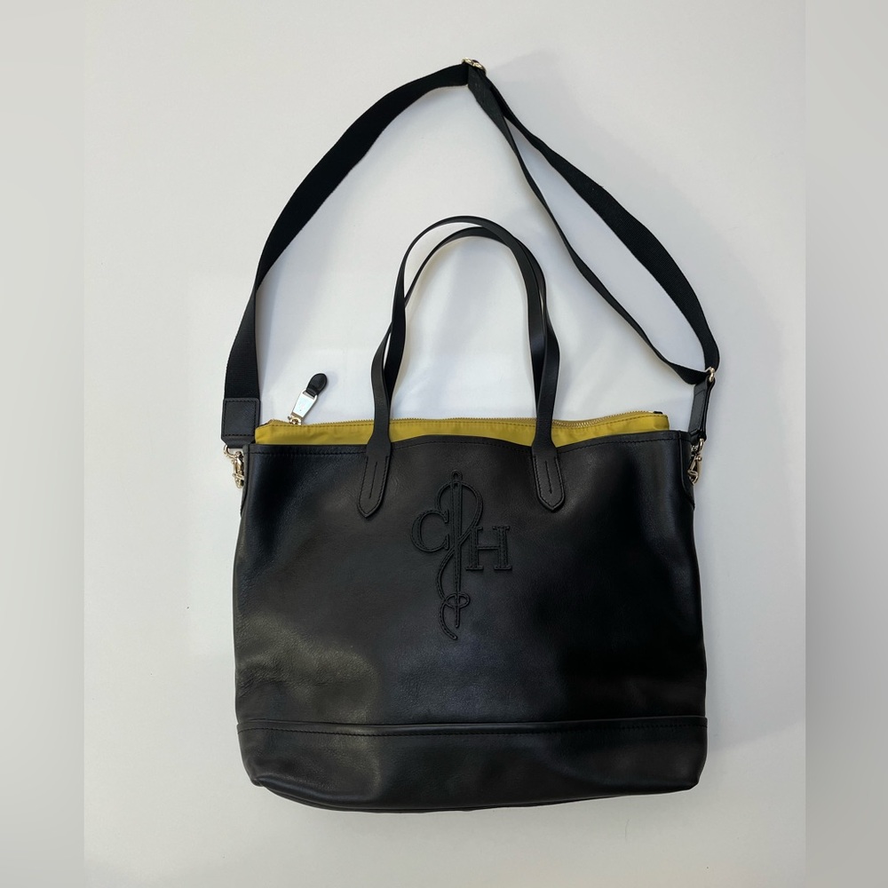 NWOT cole haan leather black bag with lime green/teal nylon liner, 2 bags in one